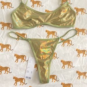 URBAN OUTFITTERS GREEN METALLIC BRALETTE AND PANTY SET